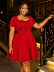 AOMEI Plus Size Christmas Red Square Neck Mini Dress Short Sleeve Front Bow Tie Elegant Evening Dinner Party Date Night A Line Dresses - Red - View 2