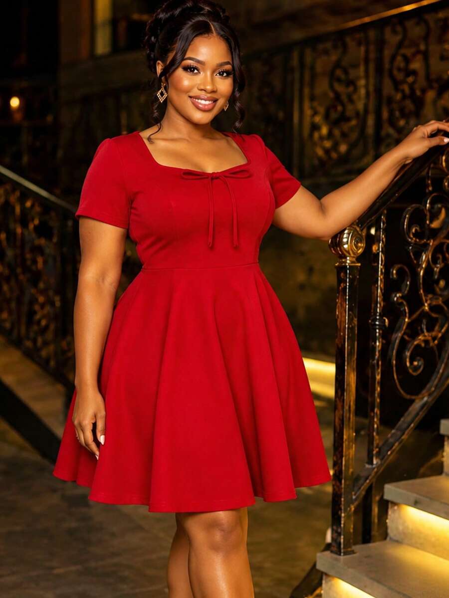 AOMEI Plus Size Christmas Red Square Neck Mini Dress Short Sleeve Front Bow Tie Elegant Evening Dinner Party Date Night A Line Dresses