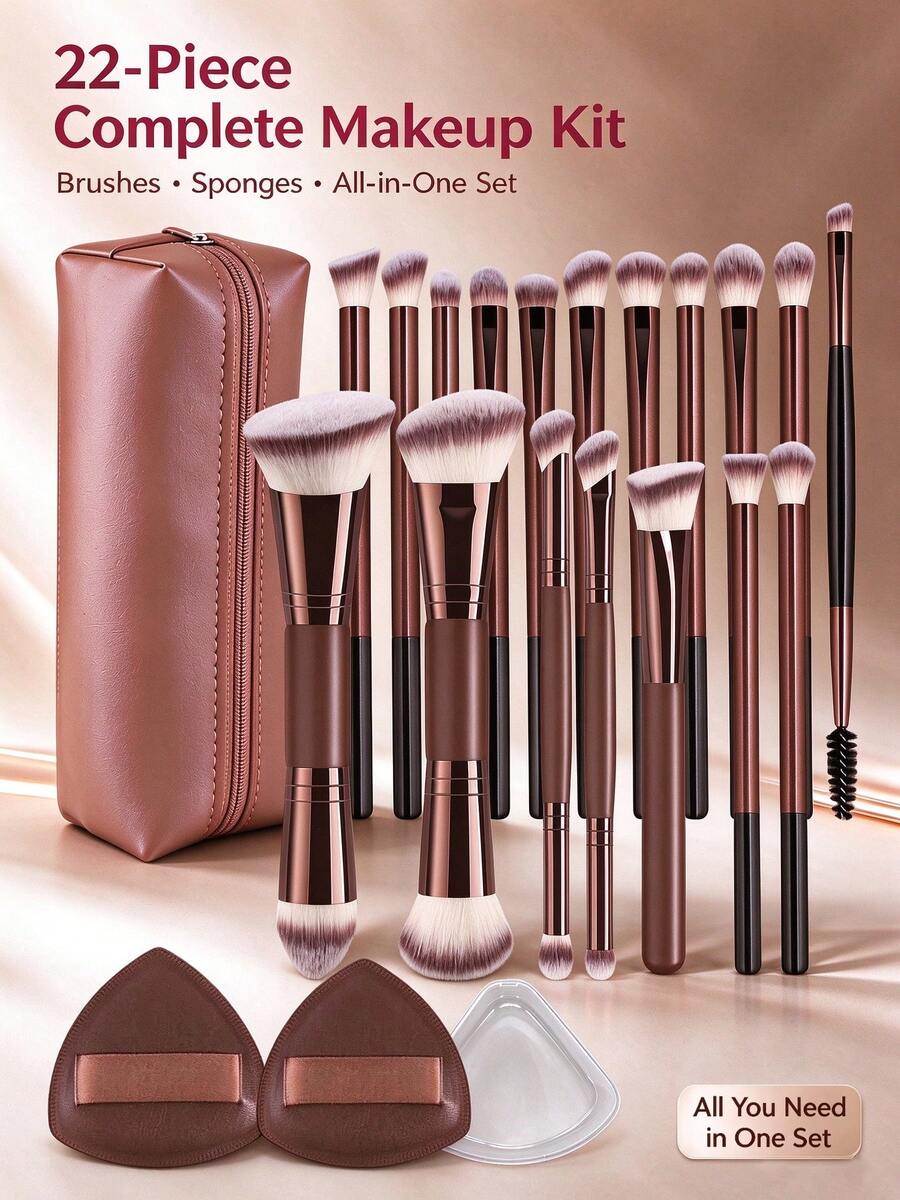BAILIFOREVER 5/13/22PCS Professional Makeup Brush Set, A Complete Makeup Toolkit Including Face And Eye Brushes, Makeup Sponges, Triangular Puffs, A Waterproof PU Storage Bag, And Soft Synthetic Bristles. It's A Great Christmas Present. - Brown - View 1