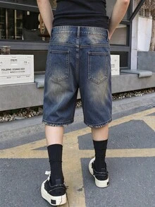 Celana Pendek Denim Lurus Nyaman Bergaya Vintage untuk Remaja Laki-laki dengan Efek Usang - Dark Wash - View 4