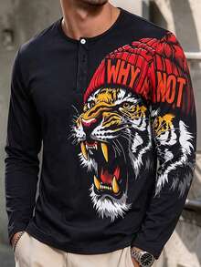 Men's Autumn/Winter Casual Roaring Tiger Print Button Collar Long Sleeve T-Shirt - Multicolor - View 1
