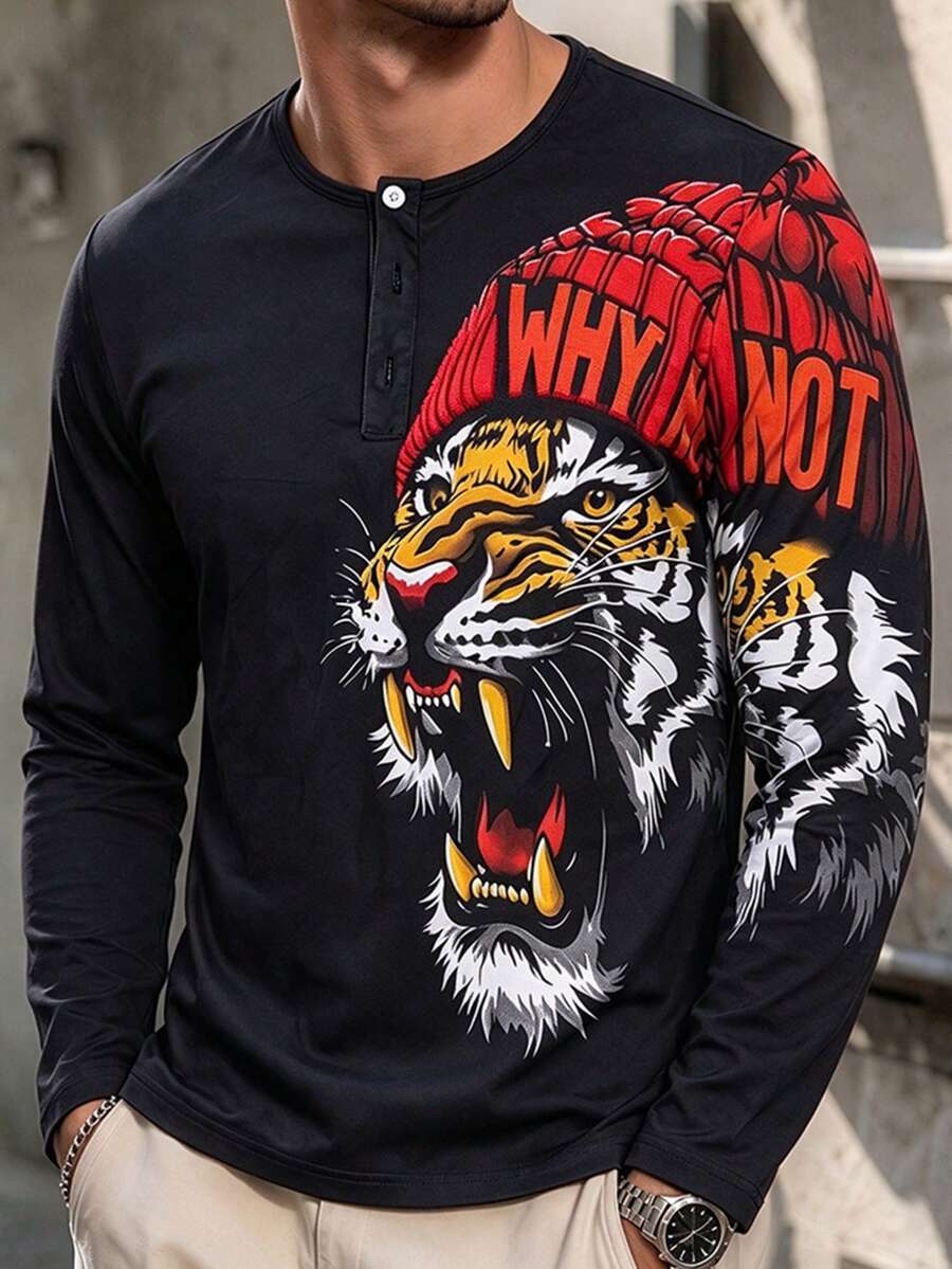 Men's Autumn/Winter Casual Roaring Tiger Print Button Collar Long Sleeve T-Shirt - Multicolor - View 1