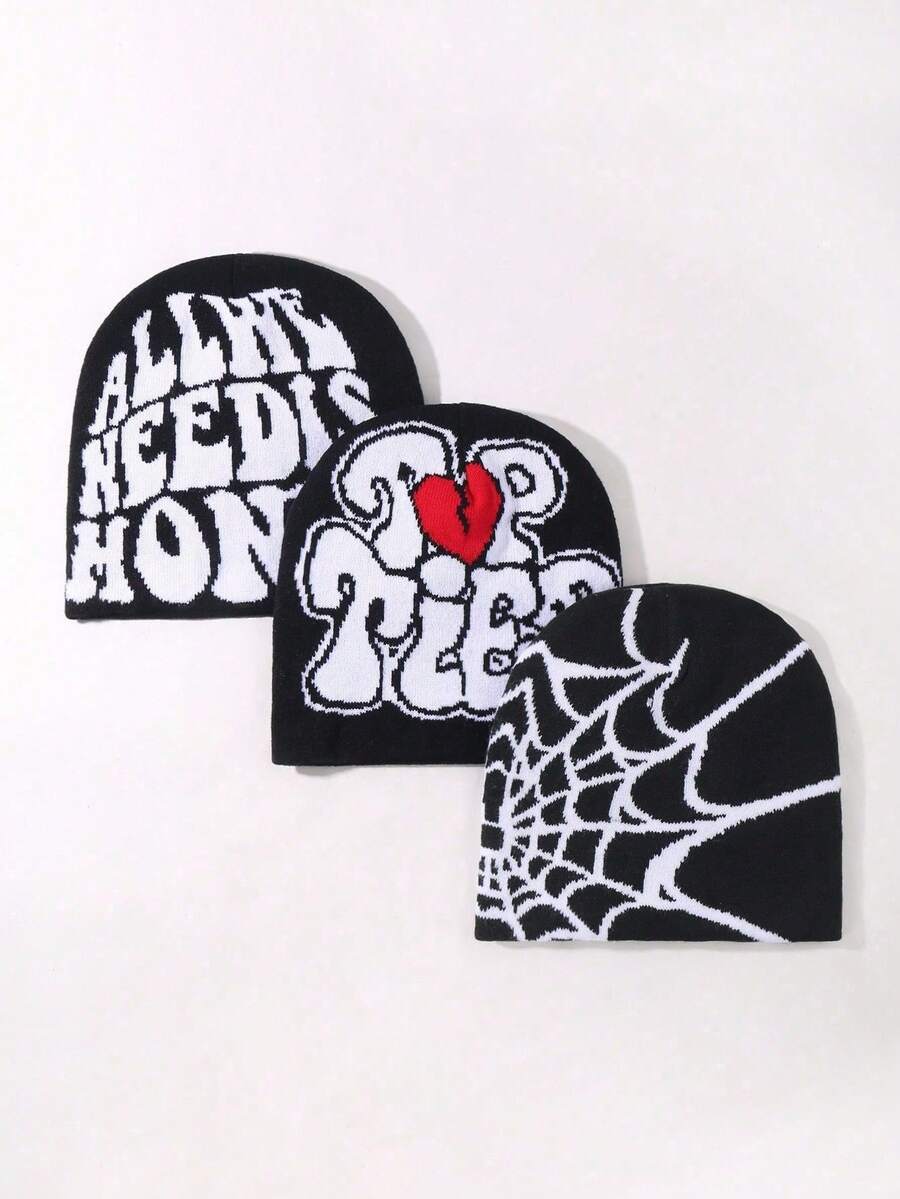 3pcs Men's Skull Pattern Knit Hats, Elastic Foldable Warm Beanie - Multicolor - View 1