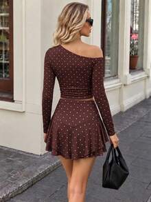 Women's Brown Polka Dot 2-Piece Skirt Set, Asymmetrical Neck Long Sleeve Ruched Crop Top & Tiered Ruffle Mini Skirt For Parties & Date Night - Reddish-brown - View 2