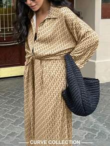 Women's Plus Size Vintage Geometric Print Set, Includes Long Sleeve Button-Down Shirt And Wide Leg Pants, Casual Autumn Outfit - Coffee Brown - View 2