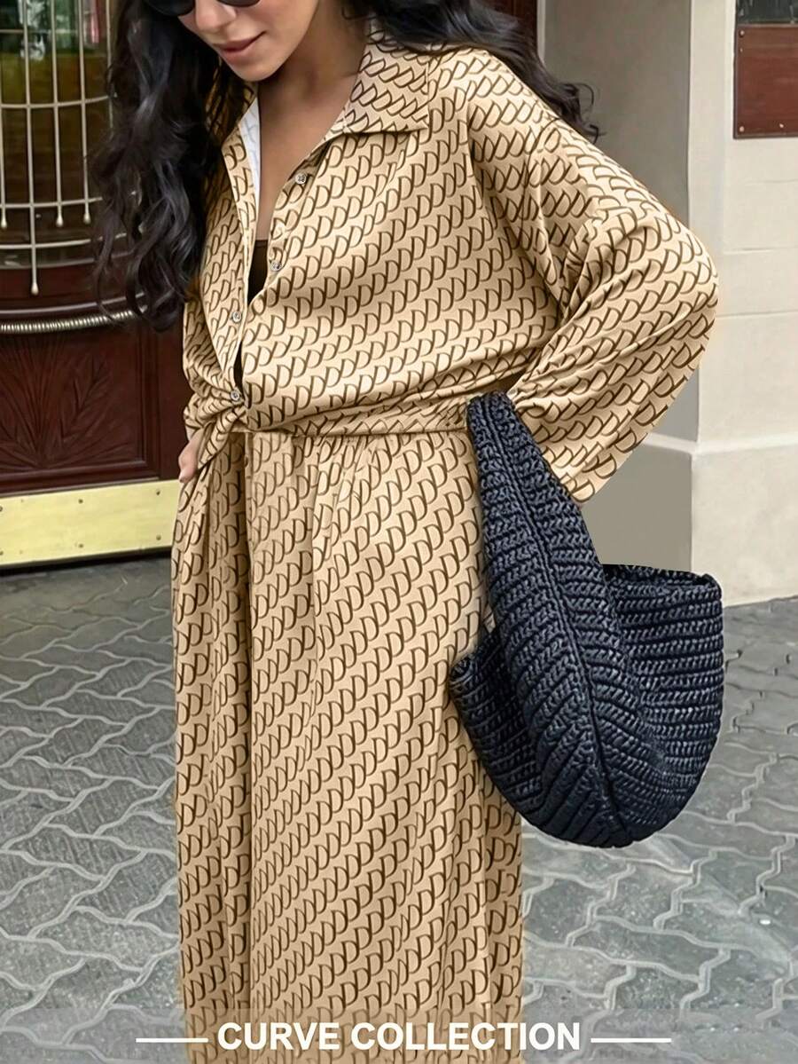 Women's Plus Size Vintage Geometric Print Set, Includes Long Sleeve Button-Down Shirt And Wide Leg Pants, Casual Autumn Outfit