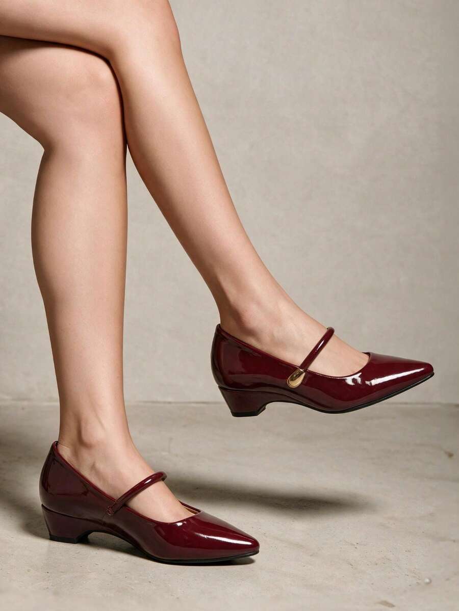 French Style Chunky Heel Mary Jane Shoes 2026 Autumn Square Toe Comfortable Mid Heel Single Strap Shoes For Women - Burgundy - View 1