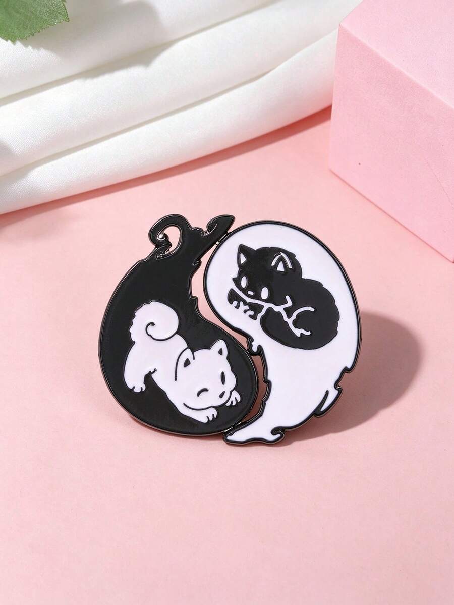 Yin Yang Black White Cat Matching Enamel Pins, Cute Pair Kitten Split Brooch, Unique Decorative Badge For Backpack Clothing