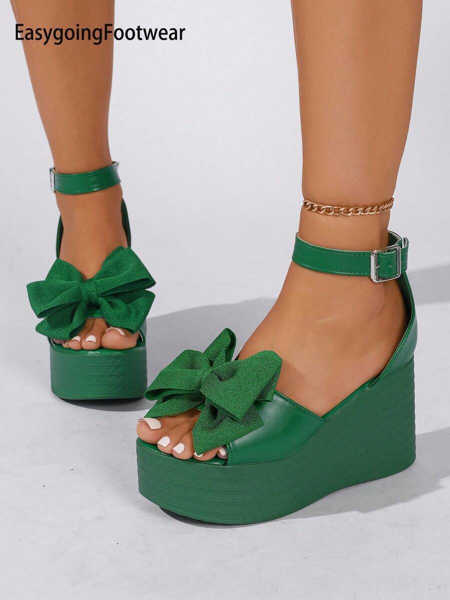Women's Bow-Knot Open-Toe Wedge Heel Thick Sole Sandals With Peep Toe, Back Strap And Ankle Buckle, Suitable For Outdoor, Party And Multiple Occasions