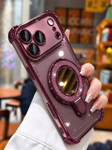 奢華電鍍亮片透明支架手機殼，適用於 iPhone 18 Pro Max 18 Pro 17 Pro Max 17 Pro 17 16 Pro Max 16 Pro 16 15 Pro Max 15 Pro 14 Pro 13 Pro Max 12 Pro Max 11，時尚相機保護透明電鍍背蓋 - 酒紅色 - 查看 3