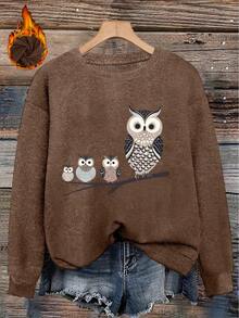 [Loose Round Neck] Plus Size Vintage Cartoon Owl Family Branch Pattern Women's Sweater, Loose Round Neck Pullover, Comfortable Daily Autumn/Winter Fashion Item - Dark Ochre - View 3