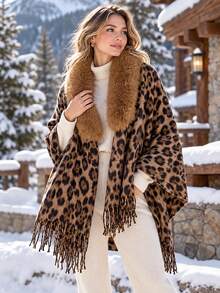 Leopard Print Collar Front Open Shawl Cape, Women's Tassel Knit Shawl Scarf, Autumn/Winter Warm Outerwear - Multicolor - View 3