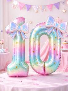 2Pcs 40-Inch Starry Pink Gradient Number Foil Balloon – Bow Accent Mylar Digit Balloon 0-9 For Christmas Home Decor,Baby Shower Decoration,Friendsgiving Party Supplies, Birthday Anniversary Graduation Party Decor, Photo Backdrop Supplies - Starry Sky - View 2