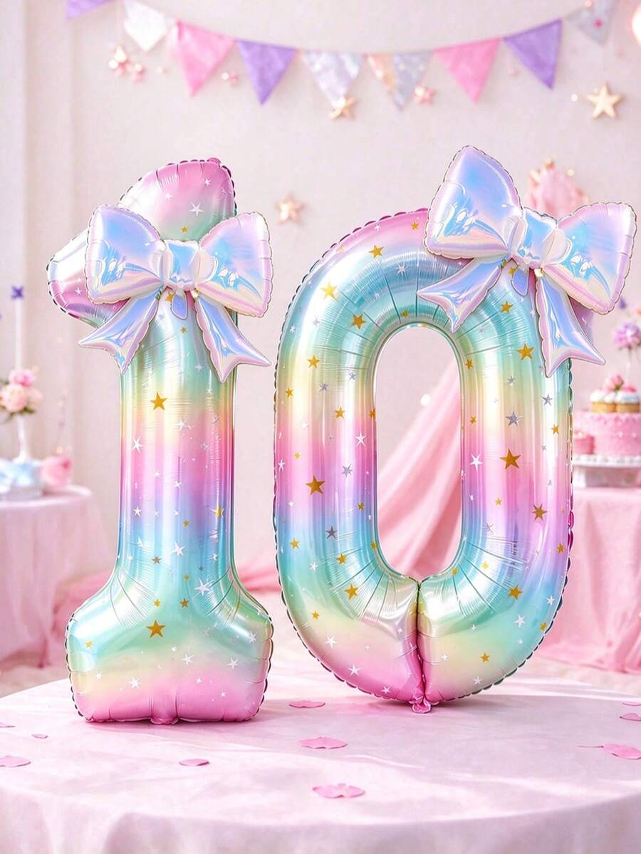 2Pcs 40-Inch Starry Pink Gradient Number Foil Balloon – Bow Accent Mylar Digit Balloon 0-9 For Christmas Home Decor,Baby Shower Decoration,Friendsgiving Party Supplies, Birthday Anniversary Graduation Party Decor, Photo Backdrop Supplies