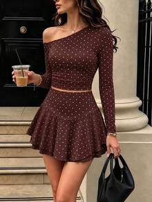Women's Brown Polka Dot 2-Piece Skirt Set, Asymmetrical Neck Long Sleeve Ruched Crop Top & Tiered Ruffle Mini Skirt For Parties & Date Night - Reddish-brown - View 6