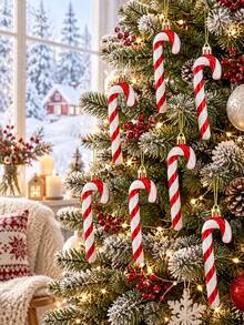 12pcs Red Shiny Candy Cane Christmas Tree Decorations, 5.5 Inch Plastic Candy Cane Hanging Ornaments, Christmas Decor And Gifts, Christmas Decorations, Christmas Tree Hanging Ornaments, Fireplace Decor, Stairway Hallway Decor, Christmas Gifts, DIY Gift Decorations, Window Decor Candy Cane, Red Christmas Tree Decorations - Red - View 5