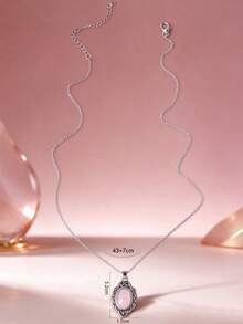 1pc Alloy Antique Silver Plated Pink Crystal Necklace, Vintage Carved Rhombus Pendant Necklace, Unisex Couple Faux Gemstone Necklace - Silver - View 6