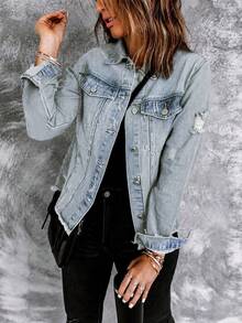 Women's Loose Distressed Denim Jacket, Light Wash Ripped Raw Edge Open Front Denim Coat - Light Wash - View 2
