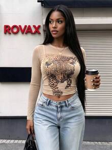 Áo crop top nữ Y2K tay dài bằng lưới họa tiết báo, in họa tiết động vật xuyên thấu, dáng ôm slim fit, phong cách sang chảnh, đi tiệc buổi tối - Màu vàng - Xem 2