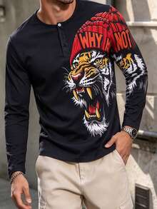 Men's Autumn/Winter Casual Roaring Tiger Print Button Collar Long Sleeve T-Shirt - Multicolor - View 4