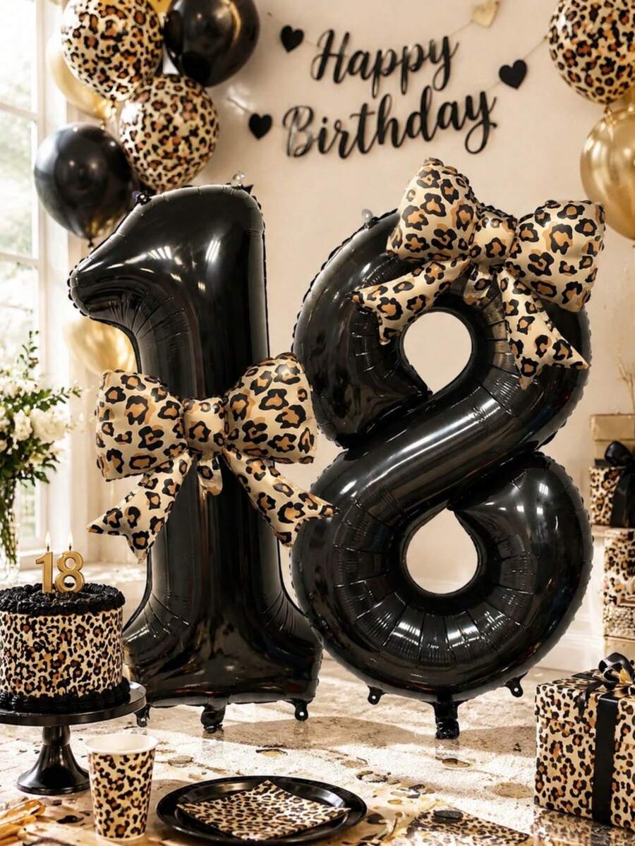 32 Inch Black Number Foil Balloons With Leopard Print Bow Balloons, 0-9 Mylar Number Balloon Set For Birthday Party, Wedding, Anniversary, Holiday Celebration, Backdrop Wall, Outdoor Party Decor, Photo Props - View 1