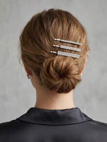3pcs/Set Classic Geometric Long Silver Rhinestone Hair Clips, All-Match Versatile Minimalist Luxury Full Rhinestone Straight Hair Clips For Women, Daily Wear, Layering, Wedding, Evening Party, Date, Photo Shoot, Updo Styling, Side Clips - Silver - View 11