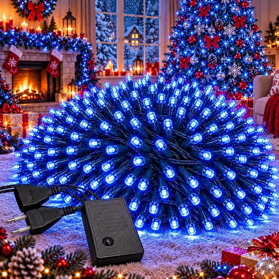 AUX سلسلة أضواء عيد الميلاد LED مكونة من 200 مصباح، بطول 14.5 متر، مع 8 أوضاع إضاءة و5 خيارات ألوان، قابلة للتوصيل مع موصل طرفي، مثالية لتزيين شجرة عيد الميلاد، والعطلات، والحفلات، وحفلات الزفاف، وغيرها. - الأزرق - مشاهدة 1