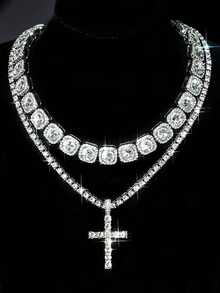 2pcs Rhinestone Tennis Necklace And Cross Pendant Set, With Candy Chain, Unisex, Suitable For Party And Daily Wear - Silver - View 4