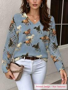 ADFHP Women's Vintage Western Style Allover Galloping Horse Print V Neck Hollow Out Long Sleeve Knit Pullover Sweater Fall Winter Casual Versatile Top - Multicolor - View 1