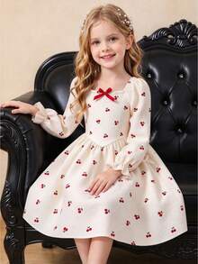 Young Girls Cute Cherry Print Dress Sweet Long Sleeve Square Neck Bow Front Princess A-Line Knit Dress For Autumn Fall Casual Daily Birthday Party - Apricot - View 4