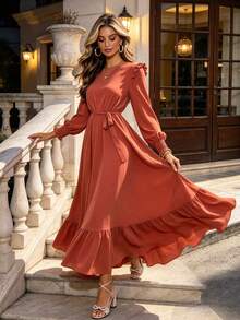 Joyfunear Women's Solid Color Round Neck Long Sleeve Ruffle Hem Dress - Coral Orange - View 1