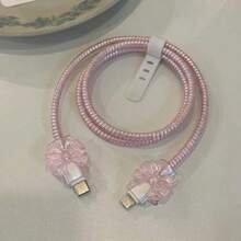 1組蝴蝶結充電器保護套 3D蝴蝶結數據線保護套，適用於Apple 18W/20W PD快充充電器，夢幻仙女風禮物，可作為生日、聖誕、新年假期送給家人的秋冬小禮物 - 粉色條紋蝴蝶結 - 查看 4
