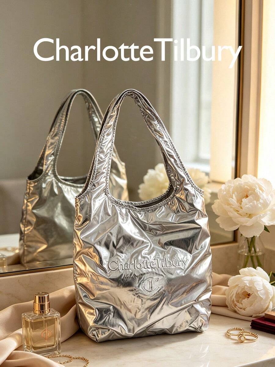 Charlotte Tilbury Shiny Silver Hobo Shoulder Bag, Embossed CT Logo Soft Tote Handbag, Lightweight Stylish Carry Bag For Shopping Travel Daily - Silver - View 1