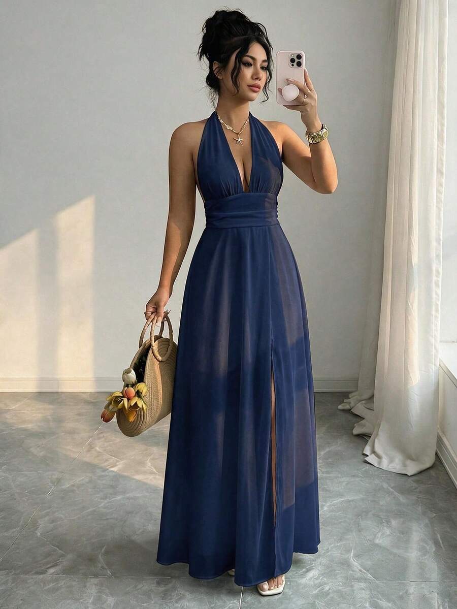 Unadoll Women's Autumn Deep Blue Halter Neck Backless Deep V Waist-Cinching Tie-Up Slit Flowy Maxi Dress Elegant Summer - Navy Blue - View 1