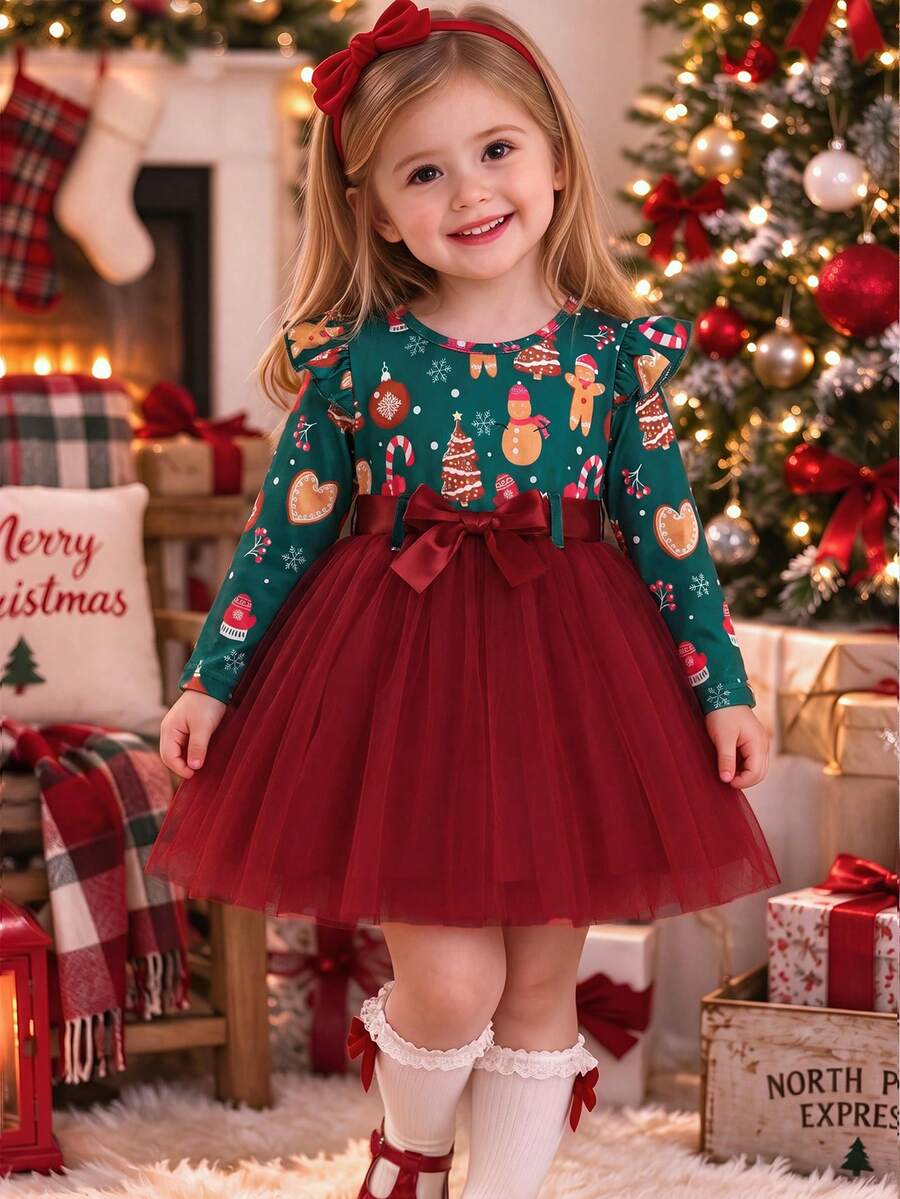 Baby Girls Christmas Ruffle Snowman Snowflake Socks Print Mesh Patchwork Dress With Belt - Burgundy - View 1