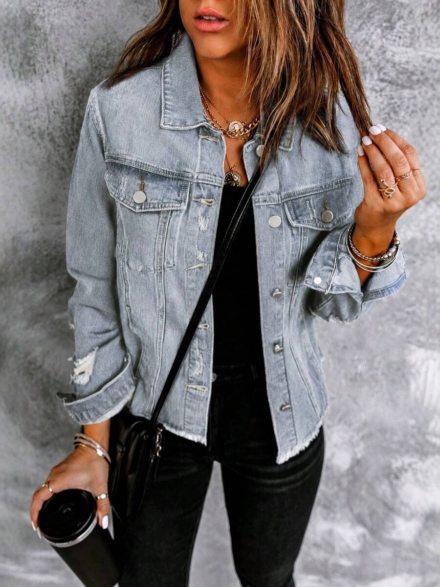 Women's Loose Distressed Denim Jacket, Light Wash Ripped Raw Edge Open Front Denim Coat - Light Wash - View 1