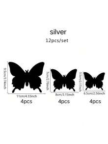 12pcs 3D Mirror Butterfly Sticker, PVC Wall Art Decoration, For Home Decor - Silver - View 9