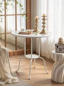 1pc Simple Round Side Table, Curved Four-Leg Stable Design, Light Beige Small Coffee Table, Lightweight & Easy To Clean, Suitable For Beside Sofa In Living Room, Balcony Leisure Area, Bedroom Bedside, Terrace & Outdoor Use Mesa Auxiliar - Multicolor - View 3