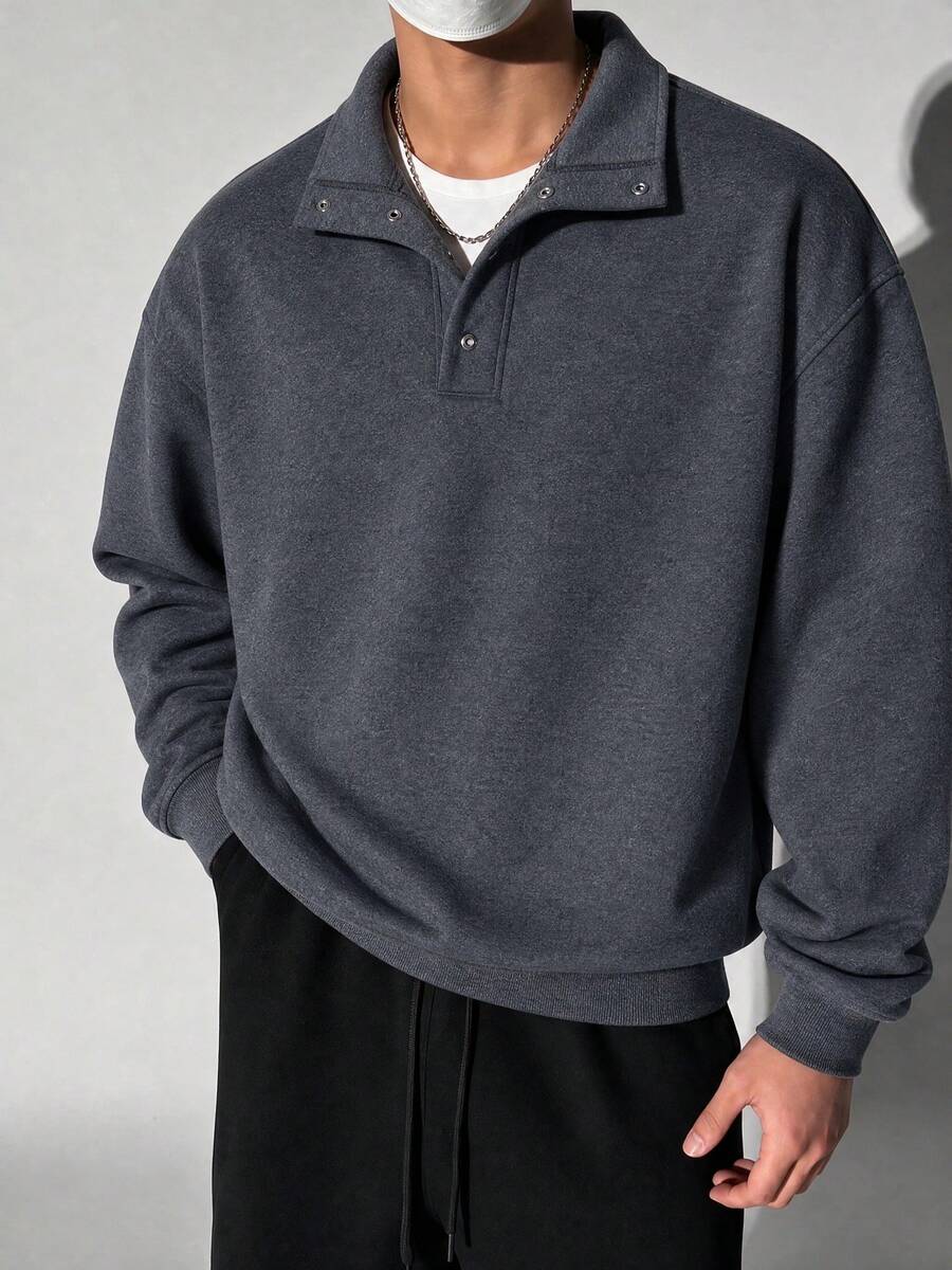 Men's Autumn/Winter Casual Fashion Versatile Colorblock Button Loose Drop Shoulder Lapel Long Sleeve Sweatshirt - Dark Grey - View 1