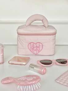 Soft Puffy Quilted Heart Embroidered Makeup Bag, Portable Travel Toiletry Bag With Handle - Pink - View 4