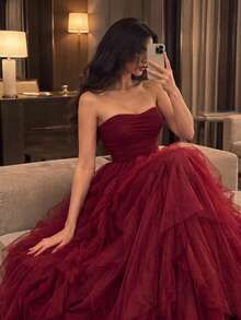 Faeriesty Vestido de novia romántico sin tirantes, falda de tul con volantes en capas, silueta en A, adecuado para bodas clásicas, graduaciones, galas elegantes de otoño - Burdeos - Ver 9