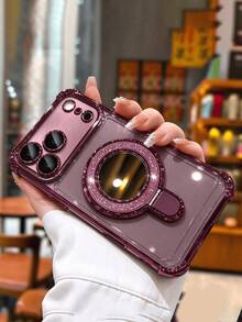 奢華電鍍亮片透明支架手機殼，適用於 iPhone 18 Pro Max 18 Pro 17 Pro Max 17 Pro 17 16 Pro Max 16 Pro 16 15 Pro Max 15 Pro 14 Pro 13 Pro Max 12 Pro Max 11，時尚相機保護透明電鍍背蓋 - 酒紅色 - 查看 4