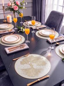 Tkvega • Home 12pcs Gold Tree Placemats, PVC Material 3D Embossed Texture, Round Luxury Style Heat-Resistant Mats, Beautiful Vase Mats 38cm, Washable, Easy To Clean, Wipeable, Non-Slip, Heat-Resistant, Suitable For Room Decoration, Home Dining Table Decoration, Home Decor, Perfect For Holidays, Parties, Birthdays, Weddings And Dinner Parties - Multicolor - View 2