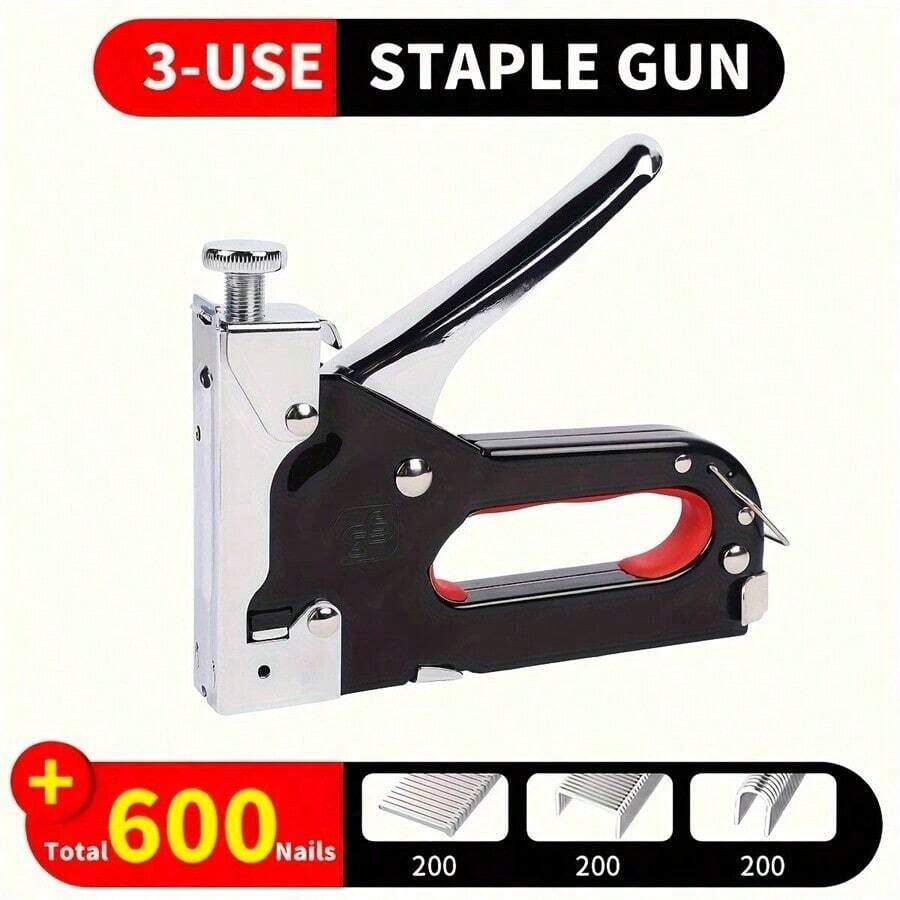 1-Pack 3-In-1 Heavy Duty Staple Gun Kit - Multi-Functional For Upholstery/Woodworking/Furniture | Effort-Saving Ergonomic Handle, Includes 600 Staples