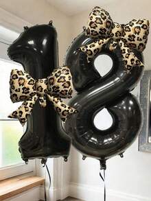 32 Inch Black Number Foil Balloons With Leopard Print Bow Balloons, 0-9 Mylar Number Balloon Set For Birthday Party, Wedding, Anniversary, Holiday Celebration, Backdrop Wall, Outdoor Party Decor, Photo Props - View 3