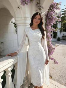 Lace French Romantic Women's Wedding Date Cowl Neck Cape Drape Chiffon Contrast Lace Elastic Slim Fit Elegant Dress - White - View 4