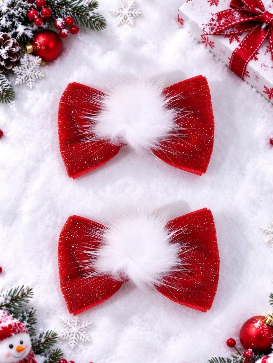 2pcs Christmas Pom Pom Velvet Bow Hair Clips, Fashionable And Cute, Suitable For Girls, Christmas Gift, Daily Hair Accessories - Red - View 1