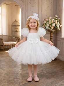 Baby Girls Sleeveless Bow Ruffle Tulle Cute Birthday Party Dress, Ball, Wedding Flower Girl Princess Dress For Celebration - White - View 6
