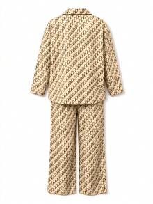 Women's Plus Size Vintage Geometric Print Set, Includes Long Sleeve Button-Down Shirt And Wide Leg Pants, Casual Autumn Outfit - Coffee Brown - View 11