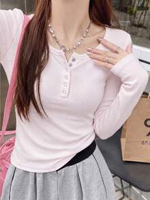 女款秋季純色針織打底衫 T-shirt - 淡粉色 - 查看 1